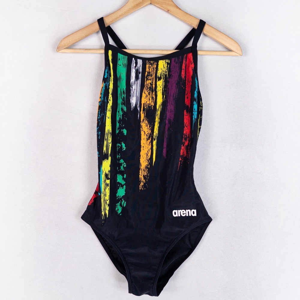 Arena Womens One Piece Swimsuit 30 Black Painted Stripes Lined Sporty Racerback